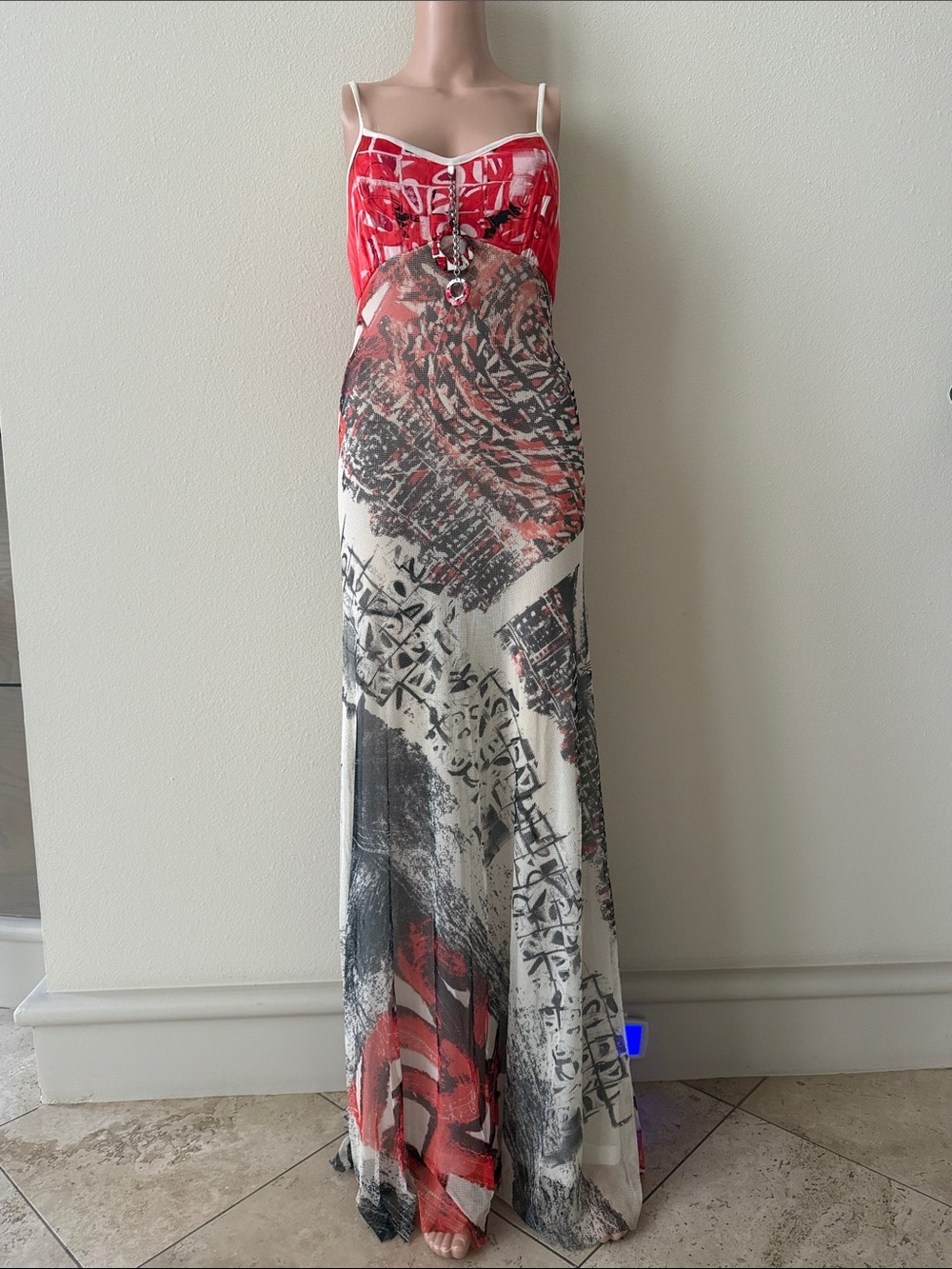 Red & Cream Abstract Print Maxi Dress, Suze 8